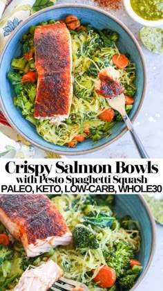 two bowls filled with salmon, broccoli and carrots on top of each other