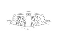 a line drawing of two people in a car