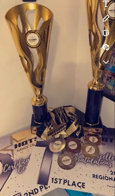 two trophies sitting on top of a table next to each other with ribbons around them