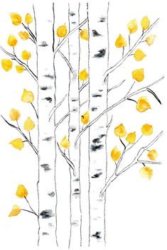 watercolor and ink painting of yellow flowers on birch trees by artist susan grisby