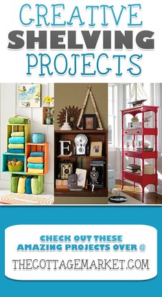 there are several shelves with pictures on them and the words creative shelving projects above it