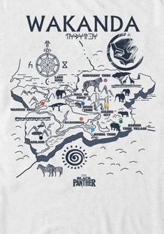 a white t - shirt with the map of wakanda and other animals on it