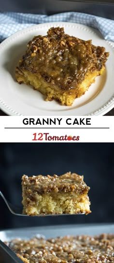 two pictures showing different types of cake on plates and in pans, with the words granny's gravy cake above them