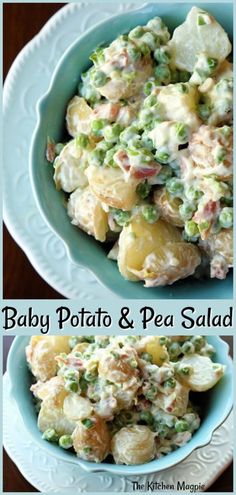 baby potato and pea salad in a blue bowl with the words, baby potato and pea salad