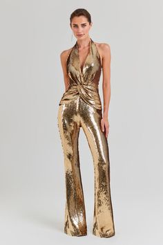 PREORDER: Tianna Gold Jumpsuit | Jumpsuits | NADINE MERABI Gold Sequin Jumpsuit, Gold Jumpsuit, Sequin Pattern, Halter Neck Jumpsuit, Sequin Halter, Flare Jumpsuit, Sequin Jumpsuit, Bodycon Jumpsuit, Halter Jumpsuit