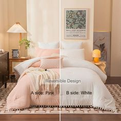 two pictures of a bed with pink and white comforters on it, one is in the same color as the other