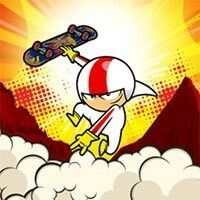 a cartoon character is flying through the air with a skateboard in his hand and clouds around him