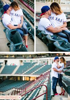 two people sitting in the bleachers at a baseball game, one is hugging the other