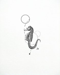 a black and white drawing of a seahorse with a thought bubble above its head