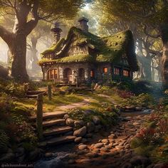 a house in the woods with mossy roof and stairs leading up to it's entrance