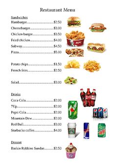 a menu with different types of food and drinks on the front page, including hamburgers, french fries, coleslaw, ketchup