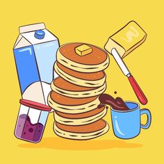 a stack of pancakes next to a carton of milk and a cup of coffee