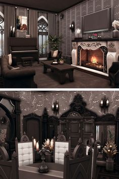 two different views of a living room with fireplace and couches in the same area