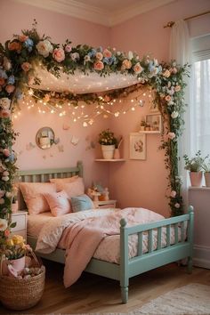 a bedroom decorated in pink and green with flowers on the bed, lights strung over the headboard