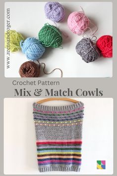 crochet pattern mix and match cowls with text overlay that says,