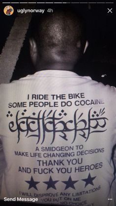 the back of a man wearing a t - shirt that says, i ride the bike some people do coaine