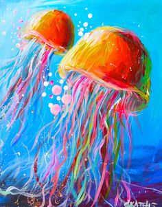 two jellyfishs with colorful hair floating in the blue water, one is orange and the other is pink