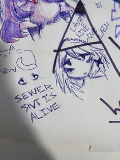 a drawing of a girl with a hat on top of her head and some writing underneath it