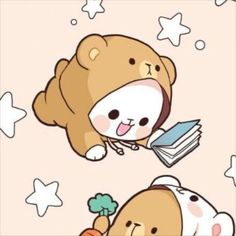 two brown bears flying through the air with books in their hands and one bear holding a book