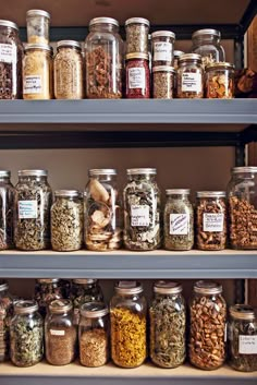 the shelves are filled with many different types of spices and nuts, including dried herbs