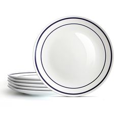 four white plates stacked on top of each other in front of a white background with blue trim