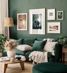 a living room with green walls and pictures on the wall