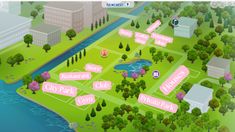 a map of the city with pink stickers on it's buildings and trees