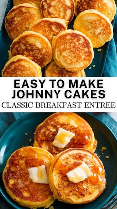 easy to make johnny cakes with butter and syrup on top, served in a blue plate