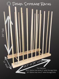 the dowel storage rack is shown with measurements