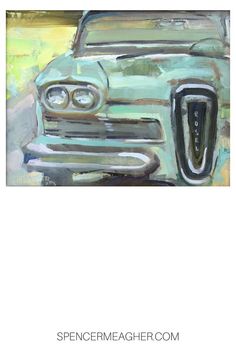 a painting of an old car with the hood up and its grilles down, on a white background