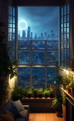 a living room filled with furniture and lots of windows overlooking a city at night time