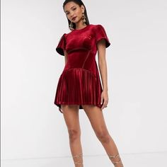 Asos Size 2 - Fits Like An Xs - S Burgundy Velvet Fabric Brand New With Tags Great Style For New Year’s Eve Or The Holidays! :) Chic Fitted Mini Dress For Festive Season, Chic Fitted Mini Dress For Festive Occasions, Festive Chic Fitted Mini Dress, Fitted A-line Midi Dress For Holiday, Elegant Short Sleeve Christmas Dresses, Festive Cocktail Mini Dress, Fitted Mini Dress For Formal Christmas Occasion, Fitted Mini Dress For Christmas Formal, Fitted Knee-length Mini Dress For Holiday