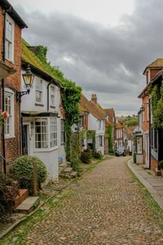 an old cobblestone street lined with houses