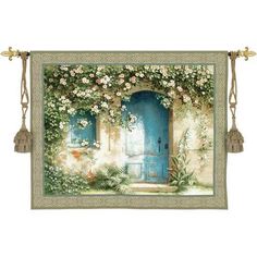 a blue door with flowers on it and a green curtain hanging from the wall above