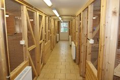 a long hallway with several cages lined up on the wall and one in the floor