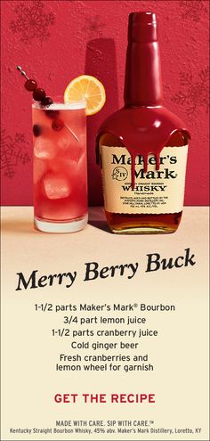 a bottle of merry berry buck next to a glass with a lemon slice on it