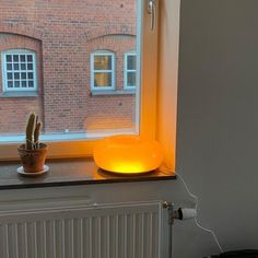 a window sill with a potted plant on it next to a radiator