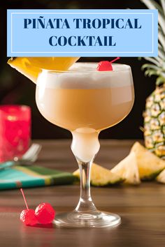 This Pinterest pin showcases the Piñata Cocktail recipe, a delightful blend of rum, pineapple, coconut, and lime. The image highlights the vibrant colors and tropical vibe of the drink. Perfect for cocktail enthusiasts, this recipe promises a sweet and fruity escape