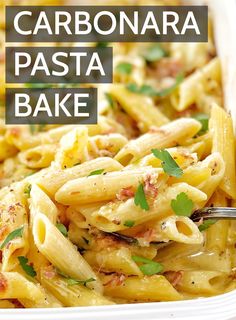 a close up of a plate of pasta with parsley on top and the words carbonara pasta bake above it