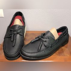 Nwot Top Boroni Black Leather Slip On Boat Shoes Men’s Size 11. Black Business Boat Shoes With Rubber Sole, Black Plain Toe Boat Shoes For Business, Black Low-top Boat Shoes With Rubber Sole, Casual Black Moc Toe Boat Shoes, Black Moc Toe Dress Shoes With Leather Footbed, Black Dress Shoes With Leather Footbed And Moc Toe, Black Plain Toe Loafers With Vibram Sole, Black Boat Shoes With Leather Sole And Round Toe, Black Leather Plain Toe Boat Shoes