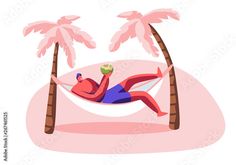 a man is lying in a hammock on the beach with palm trees and drinks