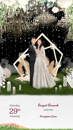 a couple is posing for a photo in front of a wedding backdrop with flowers and chandeliers