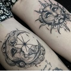 two tattoos on legs with sun and moon in the middle one is black and white