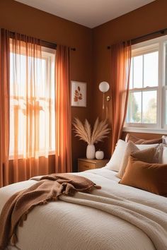 Rusty Red Bedroom, Burnt Orange Rooms, Orange Bedroom Walls, Orange Room Decor, Burnt Orange Bedroom, Orange Accent Walls, 70s Bedroom, Bedroom Fall Decor, Boho Decor Ideas