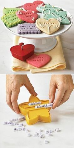 two pictures showing the process of making heart shaped cookies and placing them on top of each other