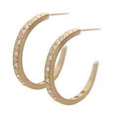 This gorgeous pair of diamond-studded hoops is made of a handmade 2mm rectangular 14k yellow gold hoop, featuring twelve 2mm white diamonds per earring. Each earring measures 25mm in diameter. These earrings are made to order. Please allow 6-8 weeks for the creation of your earrings. To order this setting with a differ Gold Hoop, 8 Weeks, White Diamonds, Diamond White, Yellow Gold, Yellow, White