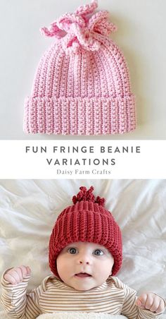 a baby wearing a pink knitted beanie with a bow on top and the words fun fringe beanie variations below