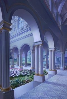 an artist's rendering of the interior of a building with columns and flowers growing inside