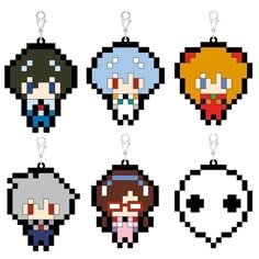 four pixel keychains with different avatars on them