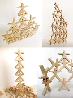 four different types of wooden sculptures made from wood planks, each with an individual figure in the center